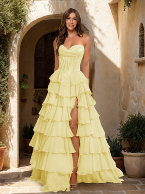 A-Line/Princess Sweetheart Ruffle Tiered Prom Dresses with Split Side