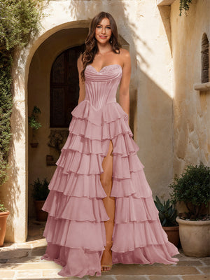 A-Line/Princess Sweetheart Ruffle Tiered Prom Dresses with Split Side