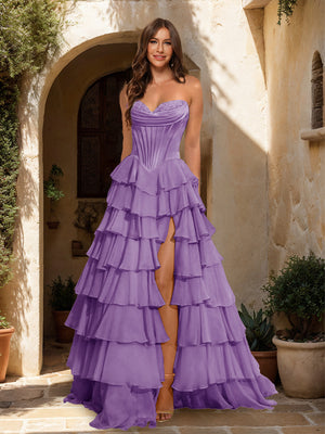 Lavetir Lilac A-Line/Princess Sweetheart Ruffle Tiered Prom Dresses with Split Side 2026 Lavetir Lilac A-Line/Princess Sweetheart Ruffle Tiered Prom Dresses with Split Side 2026