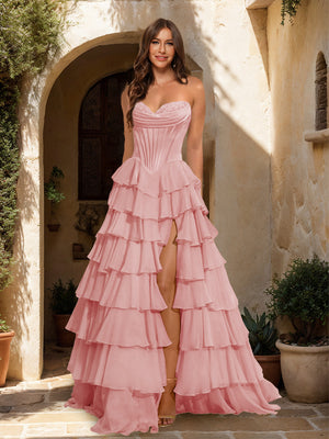 A-Line/Princess Sweetheart Ruffle Tiered Prom Dresses with Split Side