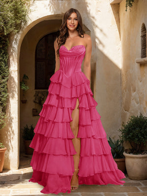 A-Line/Princess Sweetheart Ruffle Tiered Prom Dresses with Split Side