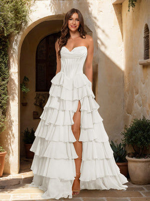 A-Line/Princess Sweetheart Ruffle Tiered Prom Dresses with Split Side