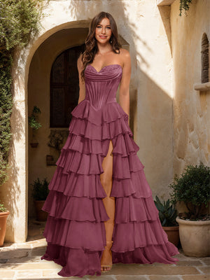 A-Line/Princess Sweetheart Ruffle Tiered Prom Dresses with Split Side