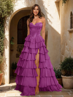 A-Line/Princess Sweetheart Ruffle Tiered Prom Dresses with Split Side
