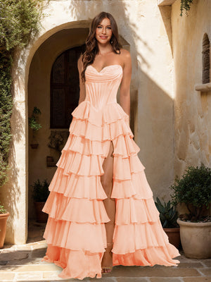 A-Line/Princess Sweetheart Ruffle Tiered Prom Dresses with Split Side