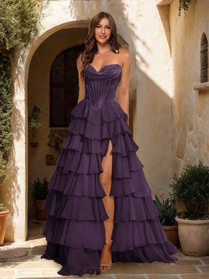 A-Line/Princess Sweetheart Ruffle Tiered Prom Dresses with Split Side