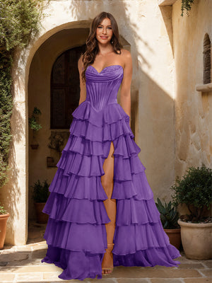 A-Line/Princess Sweetheart Ruffle Tiered Prom Dresses with Split Side
