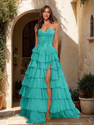 A-Line/Princess Sweetheart Ruffle Tiered Prom Dresses with Split Side A-Line/Princess Sweetheart Ruffle Tiered Prom Dresses with Split Side