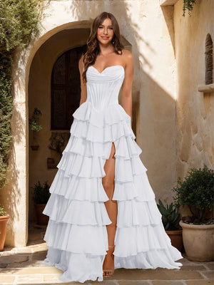 A-Line/Princess Sweetheart Ruffle Tiered Prom Dresses with Split Side