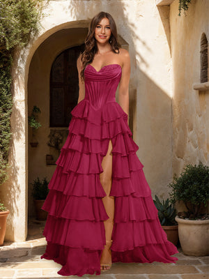 A-Line/Princess Sweetheart Ruffle Tiered Prom Dresses with Split Side