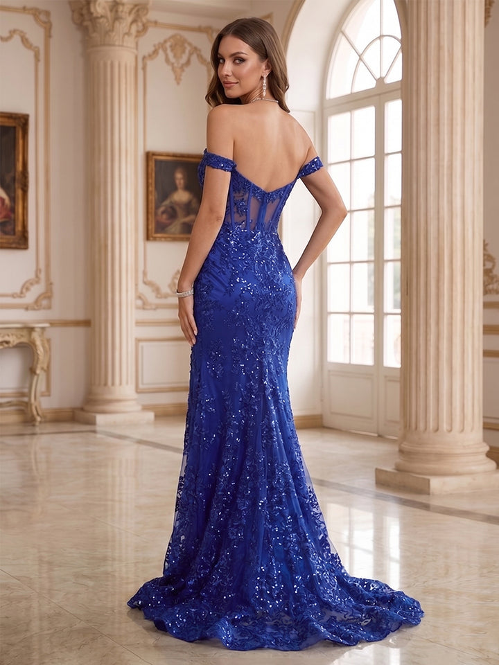 Trumpet/Mermaid Off-the-Shoulder Slit Long Prom Dresses with Sequin Appliques