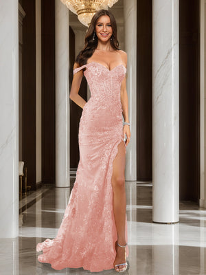 Trumpet/Mermaid Off-the-Shoulder Slit Long Prom Dresses with Sequin Appliques