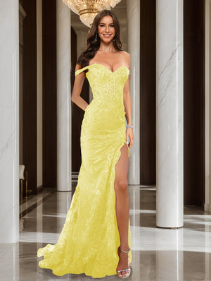 Trumpet/Mermaid Off-the-Shoulder Slit Long Prom Dresses with Sequin Appliques