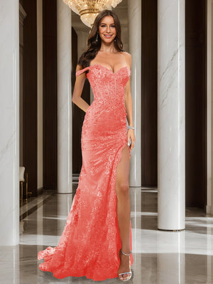 Trumpet/Mermaid Off-the-Shoulder Slit Long Prom Dresses with Sequin Appliques