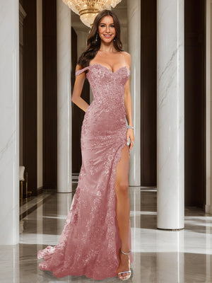 Trumpet/Mermaid Off-the-Shoulder Slit Long Prom Dresses with Sequin Appliques