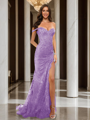 Trumpet/Mermaid Off-the-Shoulder Slit Long Prom Dresses with Sequin Appliques
