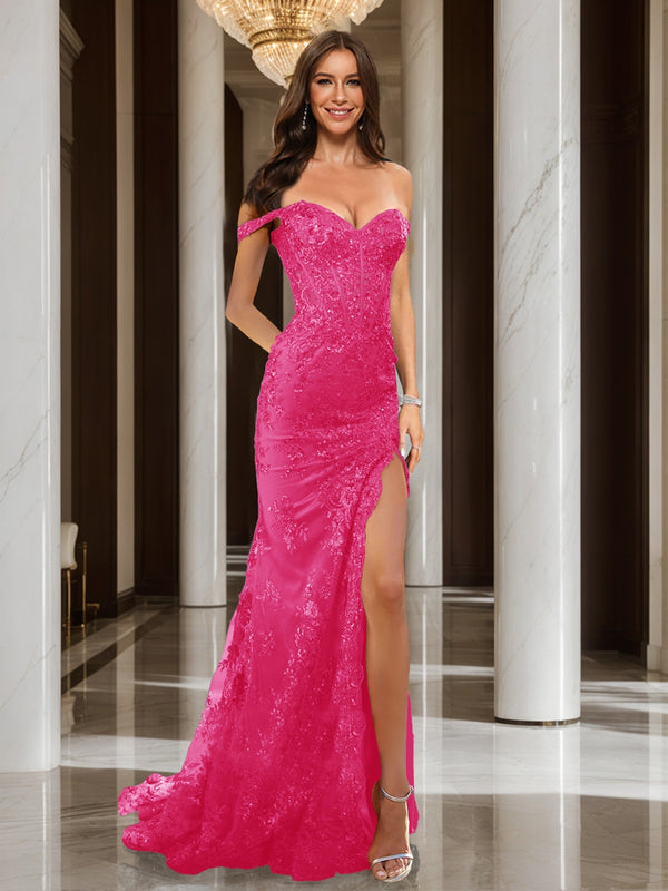 Trumpet/Mermaid Off-the-Shoulder Slit Long Prom Dresses with Sequin Appliques