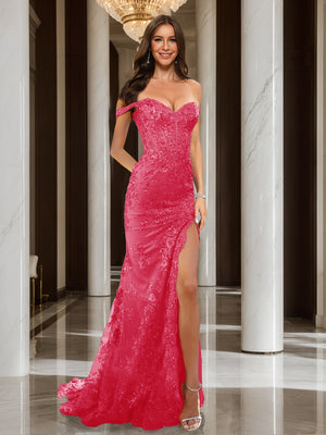 Trumpet/Mermaid Off-the-Shoulder Slit Long Prom Dresses with Sequin Appliques