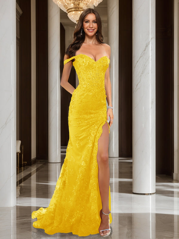 Trumpet/Mermaid Off-the-Shoulder Slit Long Prom Dresses with Sequin Appliques
