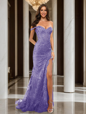 Trumpet/Mermaid Off-the-Shoulder Slit Long Prom Dresses with Sequin Appliques
