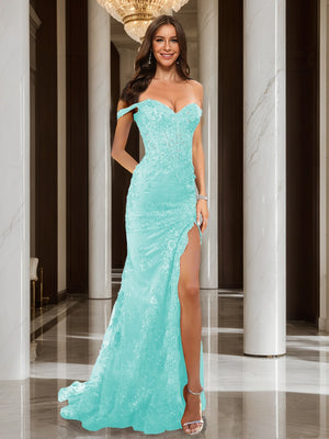 Trumpet/Mermaid Off-the-Shoulder Slit Long Prom Dresses with Sequin Appliques