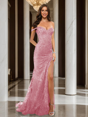 Trumpet/Mermaid Off-the-Shoulder Slit Long Prom Dresses with Sequin Appliques