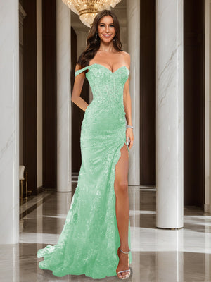Trumpet/Mermaid Off-the-Shoulder Slit Long Prom Dresses with Sequin Appliques