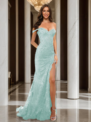 Trumpet/Mermaid Off-the-Shoulder Slit Long Prom Dresses with Sequin Appliques
