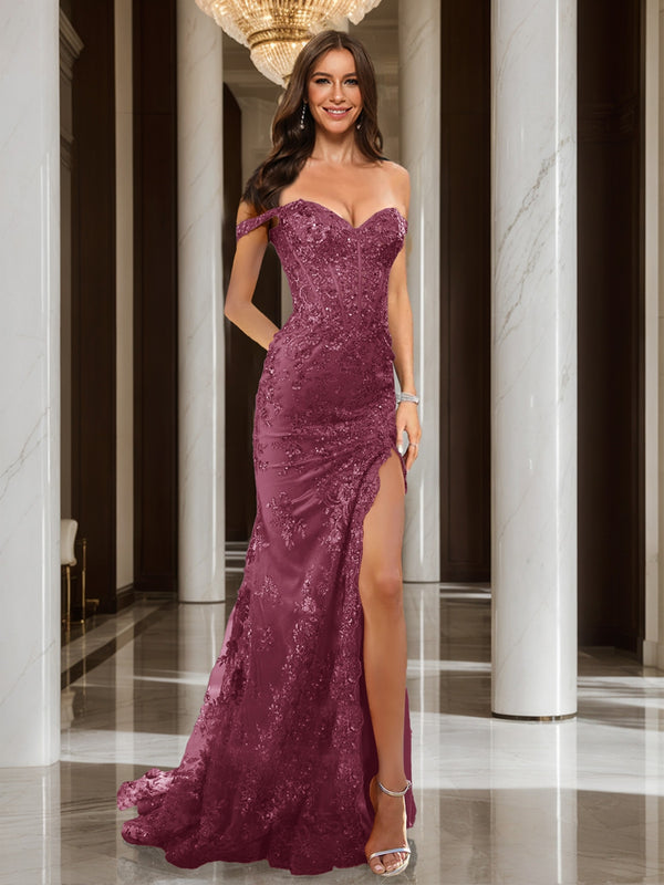 Trumpet/Mermaid Off-the-Shoulder Slit Long Prom Dresses with Sequin Appliques