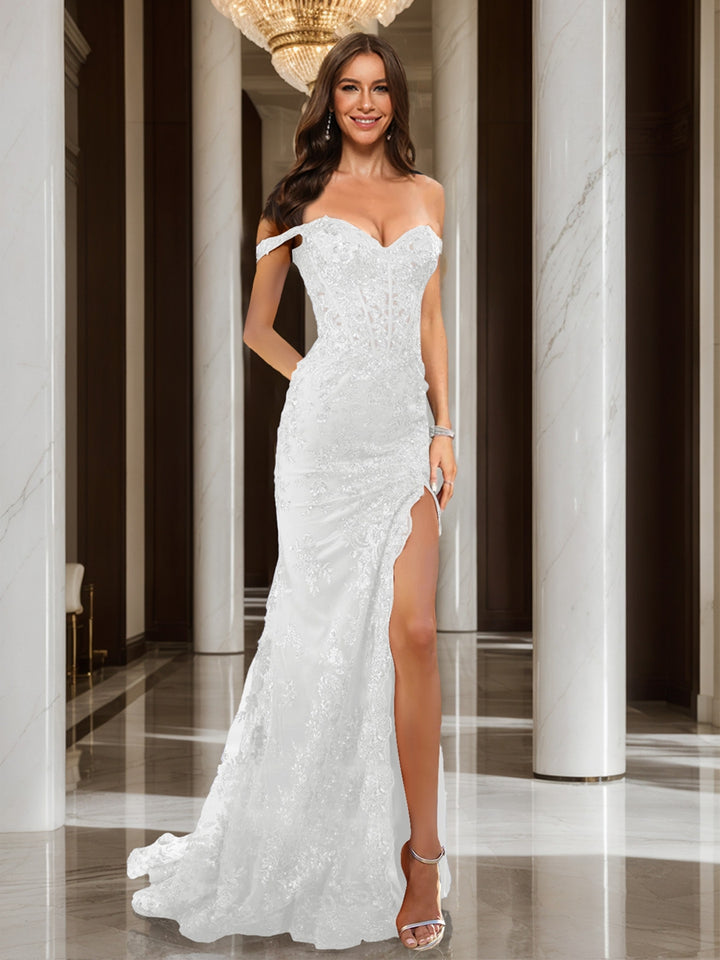 Trumpet/Mermaid Off-the-Shoulder Slit Long Prom Dresses with Sequin Appliques