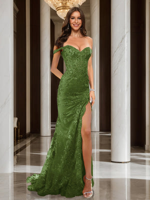 Trumpet/Mermaid Off-the-Shoulder Slit Long Prom Dresses with Sequin Appliques