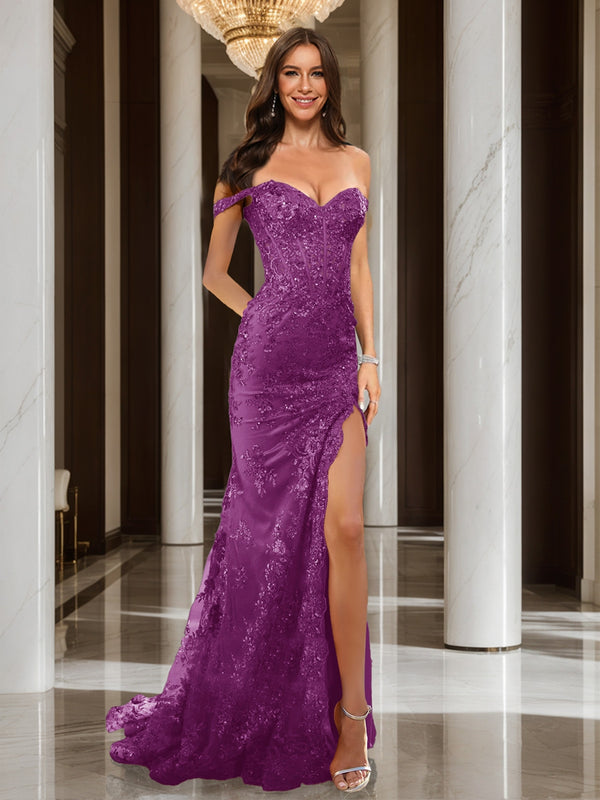 Trumpet/Mermaid Off-the-Shoulder Slit Long Prom Dresses with Sequin Appliques