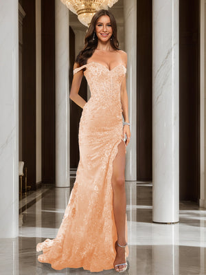 Trumpet/Mermaid Off-the-Shoulder Slit Long Prom Dresses with Sequin Appliques