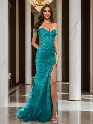 Trumpet/Mermaid Off-the-Shoulder Slit Long Prom Dresses with Sequin Appliques