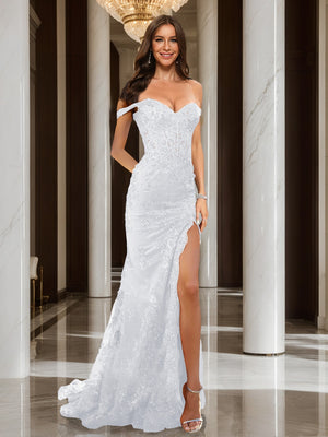 Trumpet/Mermaid Off-the-Shoulder Slit Long Prom Dresses with Sequin Appliques