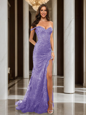 Trumpet/Mermaid Off-the-Shoulder Slit Long Prom Dresses with Sequin Appliques