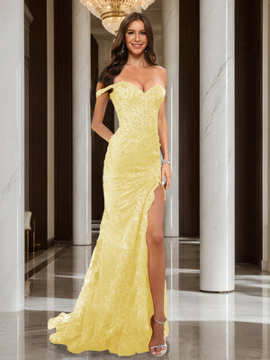 Trumpet/Mermaid Off-the-Shoulder Slit Long Prom Dresses with Sequin Appliques