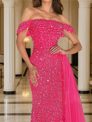 Sheath/Column Off-the-Shoulder Pleated Sequin Prom Dresses with Split Side