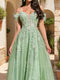 A-Line/Princess Cold-Shoulder Appliques Tulle Prom Dresses with Feathers