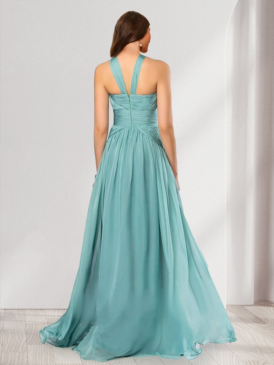 A-Line/Princess Halter Pleated Long Bridesmaid Dresses