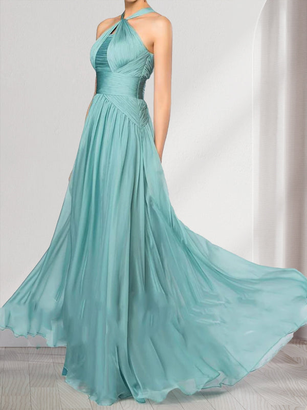 A-Line/Princess Halter Pleated Long Bridesmaid Dresses
