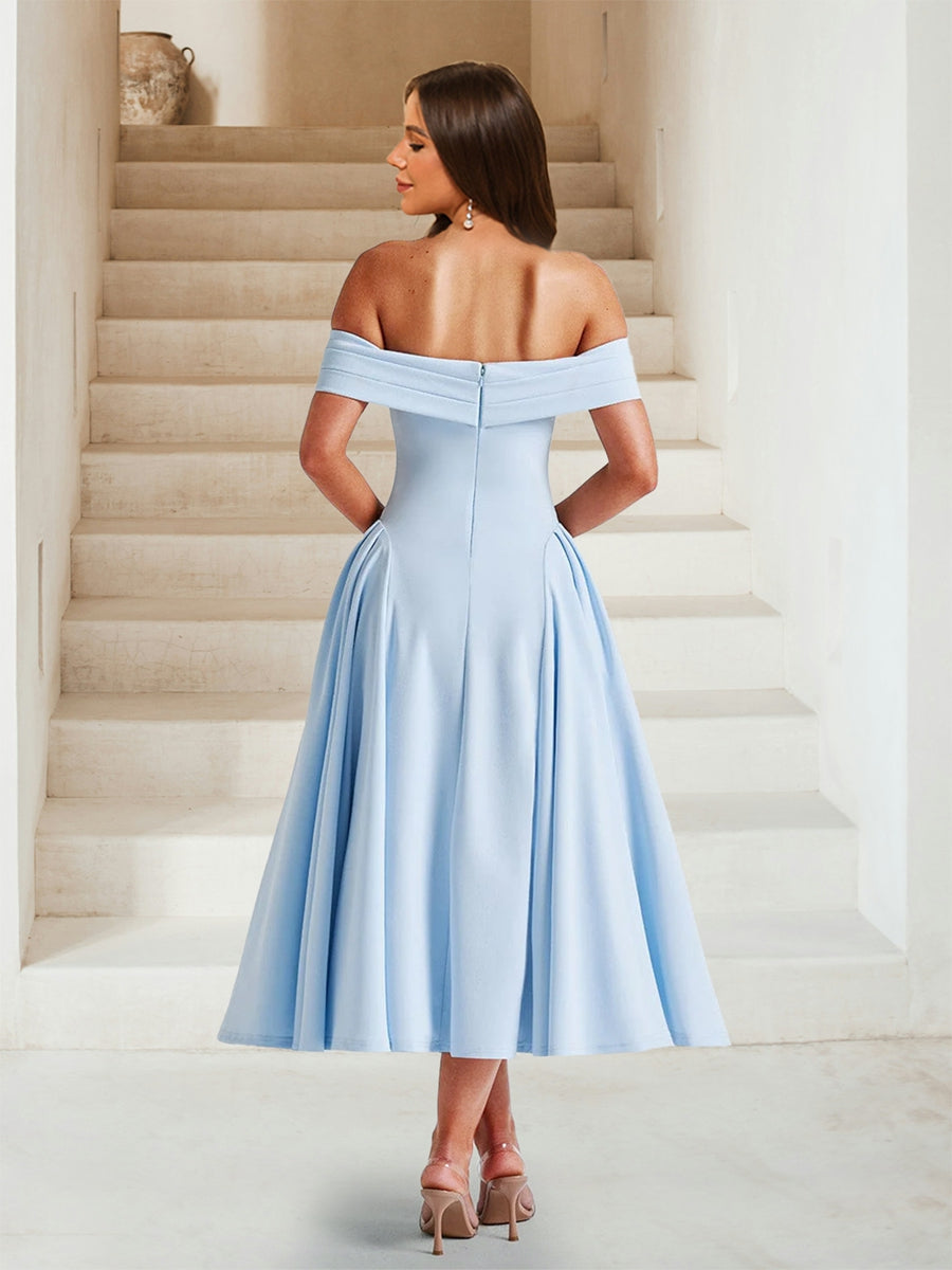 A-Line/Princess Off-the-Shoulder Tea-Length Bridesmaid Dresses with Pleats