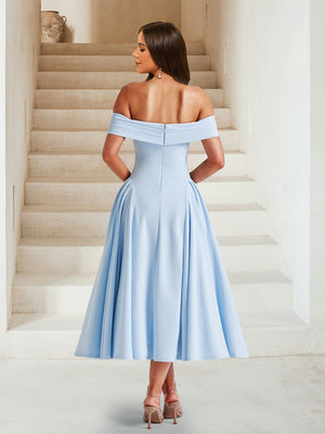 A-Line/Princess Off-the-Shoulder Tea-Length Bridesmaid Dresses with Pleats