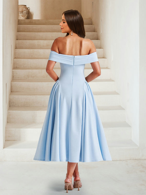 A-Line/Princess Off-the-Shoulder Tea-Length Bridesmaid Dresses with Pleats