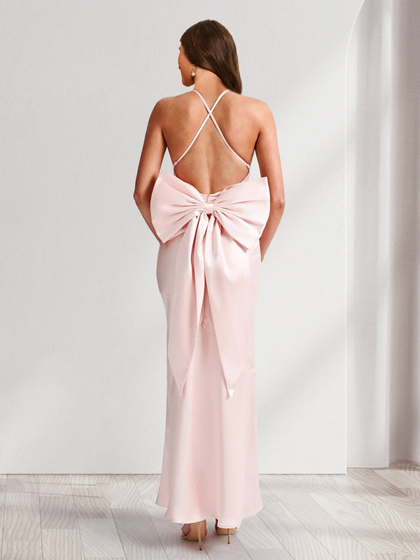 Sheath/Column Spaghetti Straps V-Neck Long Bridesmaid Dresses with Bow