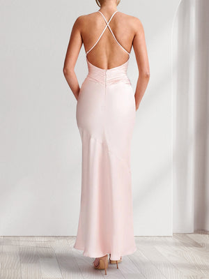 Sheath/Column Spaghetti Straps V-Neck Long Bridesmaid Dresses with Bow