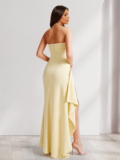 Sheath/Column Strapless Long Prom Dresses for Formal Evening Party with Split Side