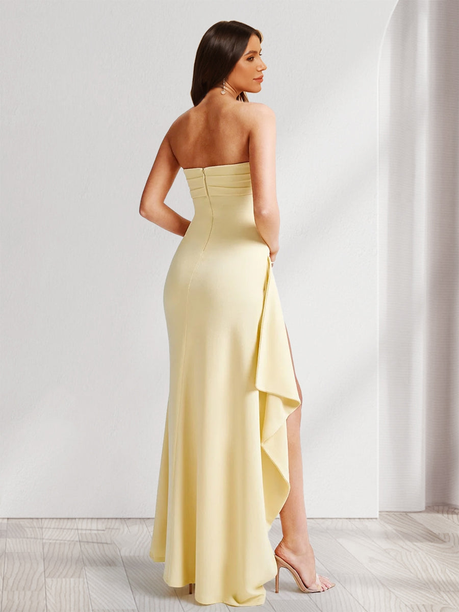 Sheath/Column Strapless Long Prom Dresses for Formal Evening Party with Split Side