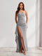 Sheath/Column Strapless Long Prom Dresses for Formal Evening Party with Split Side