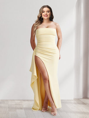 Light Yellow Strapless Ruffle Maxi Dress with Slit-Plus Size